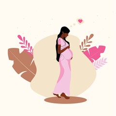 Beautiful pregnant black woman in pink dress with plants. Motherhood. Young dark skinned mother. Modern flat style vector illustration isolated. 