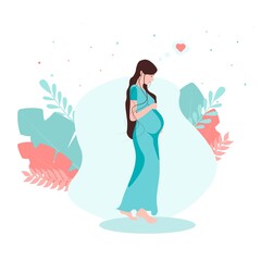 Beautiful pregnant woman in green dress with plants. Motherhood. Modern flat style vector illustration isolated.