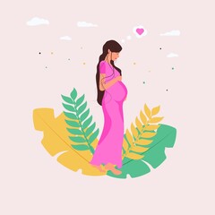 Beautiful pregnant woman in pink dress with plants. Motherhood. Young mother. Modern flat style vector illustration isolated.