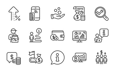 Finance icons set. Included icon as Delivery discount, Meeting, Analytics signs. Donation money, Accounting, Contactless payment symbols. Bitcoin chart, Financial goal, Coins line icons. Vector