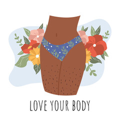 Body hair on thighs, vector hand drawn sticker floral print. Body positive and diversity. Normalise body hair on women, self-love. Female plus size hips, legs and waist in panties, underwear
