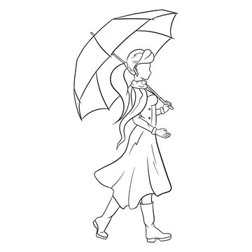 Young girl with an umbrella for a walk. Autumn, rain. Line style.