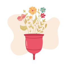 Menstrual cup with flowers sticker. Menstruation feminine period cycle. Eco friendly reusable, zero waste periods. Menstruation hygiene. Female products in critical day. Floral hand drawn illustration