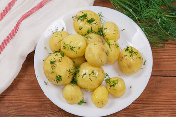 Boiled young potatoes with chopped dill on dish close-up