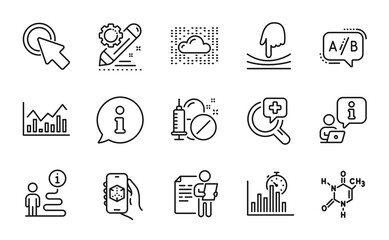 Science icons set. Included icon as 3d app, Infochart, Elastic signs. Job interview, Cloud system, Medical drugs symbols. Chemical formula, Project edit, Click here. Ab testing line icons. Vector