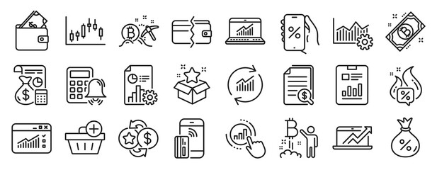 Set of Finance icons, such as Contactless payment, Bitcoin, Web traffic icons. Bitcoin project, Loan, Payment methods signs. Report document, Update data, Add purchase. Candlestick graph. Vector