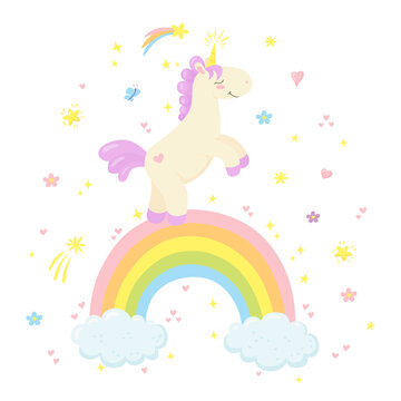 Cute magical unicorn on rainbow