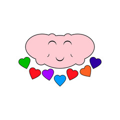 Cute cartoon pink cloud with colorful dropping hearts and funny face for kids room decor, card, interior, scrapbooking and other design ideas. Vector drawing.
