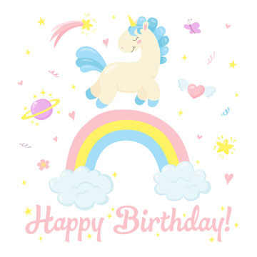 Happy birthday card with cute unicorn on rainbow