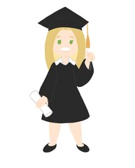 Blond girl graduate from university, college and school. Tassel cap, graduate robe and diploma