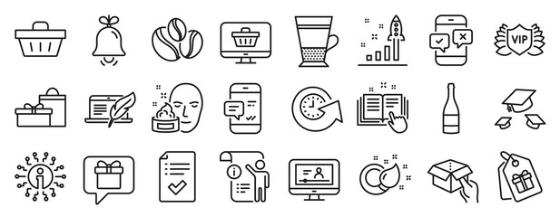 Set of line icons, such as Coffee-berry beans, Bell, Online video icons. Update time, Web shop, Development plan signs. Double latte, Face cream, Wish list. Vip security, Shopping basket. Vector