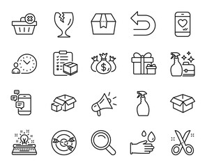 Vector set of Package box, Delete order and Search line icons set. Surprise package, Opened box and Communication icons. Scissors, Love chat and Parcel checklist signs. Package box web symbol. Vector