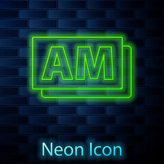 Glowing neon line Clock AM icon isolated on brick wall background. Time symbol. Vector
