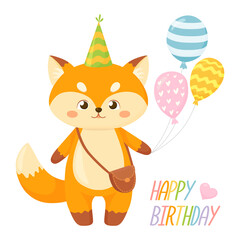 Cute happy little fox holding balloons