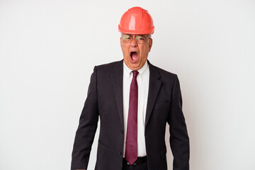 Senior american arquitech man isolated on white background screaming very angry and aggressive.