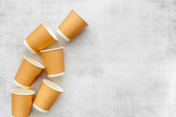 Group of paper cups for take away coffee or tea. Top view