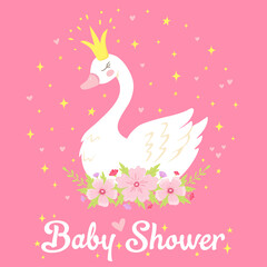 Cute princess swan with flowers on pink background