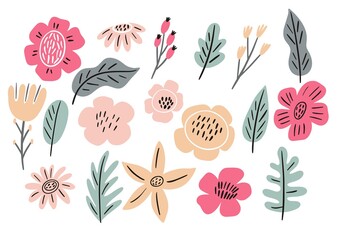 Floral hand drawn Design elements on white background. Pastel abstract flowers and leaves pattern. Spring print for posters and greeting cards