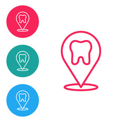 Red line Dental clinic location icon isolated on white background. Set icons in circle buttons. Vector