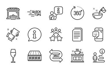 Business icons set. Included icon as Wineglass, Cooking water, 360 degree signs. Coffee shop, Mattress, Copy files symbols. Smile, Online market, Education. Business meeting, Winner cup. Vector