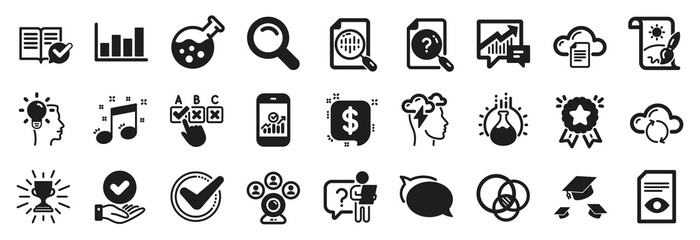Set of Education icons, such as Talk bubble, Idea, Approved documentation icons. Confirmed, Payment message, Search signs. Chemistry experiment, Chemistry lab, Search employee. Accounting. Vector