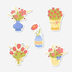 Set of stickers with cute bouquets of spring flowers