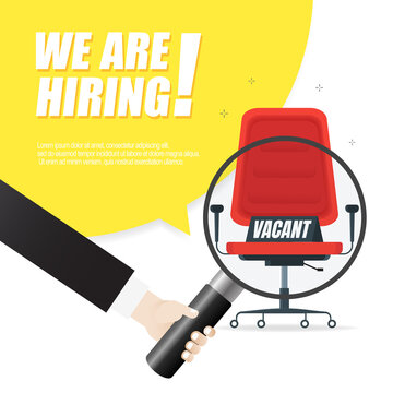 We Are Hiring, Banner Concept, Vacant Position. Empty Office Chair As A Sign Of Free Vacancy Isolated On A White Background. Send Us Your Resume. Vector Illustration.