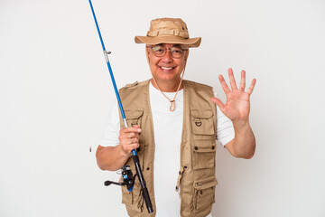 Senior american fisherman holding rod isolated on white background smiling cheerful showing number five with fingers.
