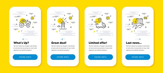 Vector set of Lighthouse, Tractor and Delivery truck line icons set. UI phone app screens with line icons. Select flight icon. Navigation beacon, Farm transport, Courier location. Vector