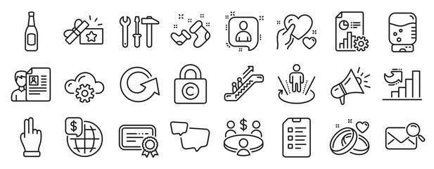 Set of Business icons, such as Spanner tool, Click hand, Reload icons. Growth chart, Copyright locker, Certificate signs. Search mail, Loyalty gift, Escalator. Augmented reality, Meeting. Vector