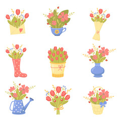 Set of cute bouquets of spring flowers