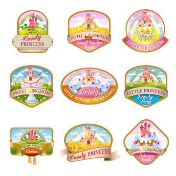 Cillection of labels for candy, ice cream, cake, cookies, with the image of a lovely castle, sweet kingdom, fairytale farms, fields and pastures. The good choice for Logo, emblem, lable, sticker