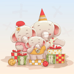 happy elephants family celebrate christmas and new year. vector hand drawn cartoon art style