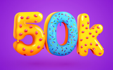 50k or 50000 followers donut dessert sign. Social media friends, followers. Thank you. Celebrate of subscribers or followers.