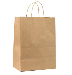 large disposable brown kraft paper bag with handles isolated on white background, eco packaging