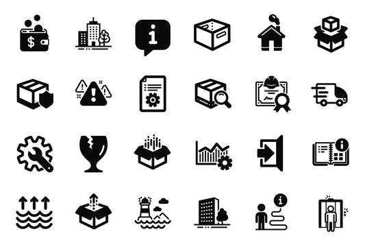Vector Set of Industrial icons related to Operational excellence, Skyscraper buildings and Customisation icons. Lighthouse, Home and Buildings signs. Search package, Warning and Evaporation. Vector