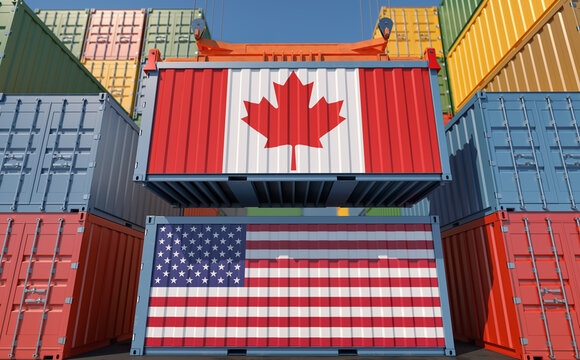 Container Terminal. Two cargo Container with USA and Canada flags. 3D Rendering