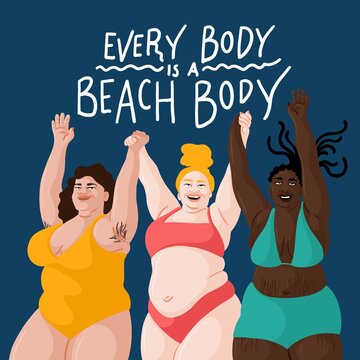 Every Body is a beach body. Writing above three women in bathing clothes. Dark blue background.