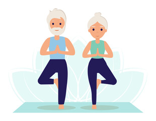 Elderly people do yoga, practice meditation. Yoga classes. The old woman and the old man go in for sports to lead an active healthy lifestyle. Yoga practice. Vector illustration in flat style.