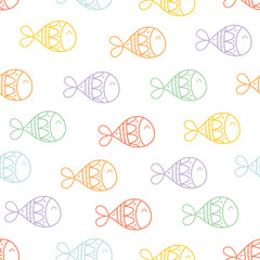 Seamless vector pattern with whimsical fish. Line objects. Colorful palette. Cute hand drawn background for kids room decor, nursery art, package, wrapping paper, textile, print, fabric, wallpaper.