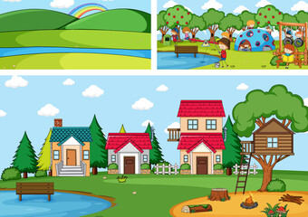 Obraz na płótnie Canvas Set of different horizontal scenes background with doodle kids cartoon character