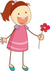 A doodle kid holding flower cartoon character isolated