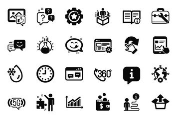 Fototapeta na wymiar Vector Set of Technology icons related to Clock, Web settings and Yummy smile icons. Tool case, Internet report and Video conference signs. Augmented reality, Chemistry experiment and Graph. Vector