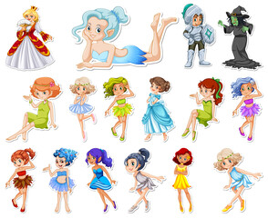 Sticker set with different fairytale cartoon characters