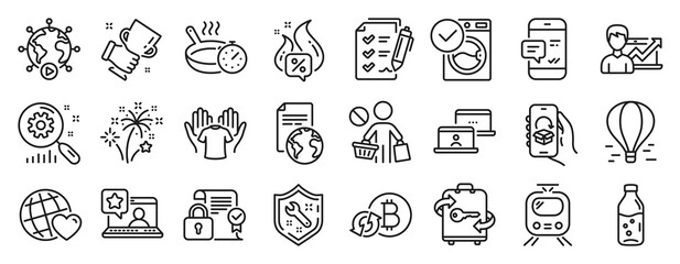 Set of Business icons, such as Hot offer, Friends world, Fireworks icons. Hold t-shirt, Success business, Smartphone notification signs. Luggage, Security contract, Refresh bitcoin. Train. Vector