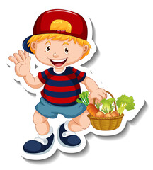 Sticker template with a boy holding vegetable basket cartoon character isolated