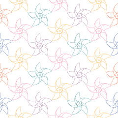 Seamless vector pattern with colorful pinwheels lineart style. Cute hand drawn abstract background for kids room decor, fashion, nursery art, package, wrapping paper, textile, print, fabric, wallpaper