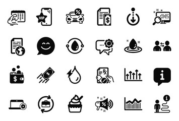 Vector Set of Business icons related to Vip phone, Prescription drugs and Fitness calendar icons. Human resources, Hydroelectricity and Car leasing signs. Fuel energy, Internet document. Vector