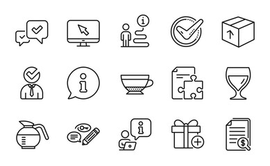 Line icons set. Included icon as Wine glass, Add gift, Vacancy signs. Confirmed, Internet, Coffeepot symbols. Financial documents, Approve, Strategy. Dry cappuccino, Keywords, Package. Vector
