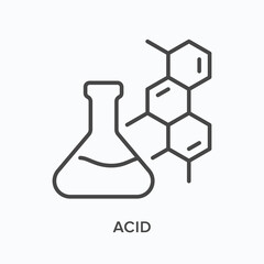 Acid flat line icon. Vector outline illustration of flask and molecular structure. Black thin linear pictogram for scientific equipment